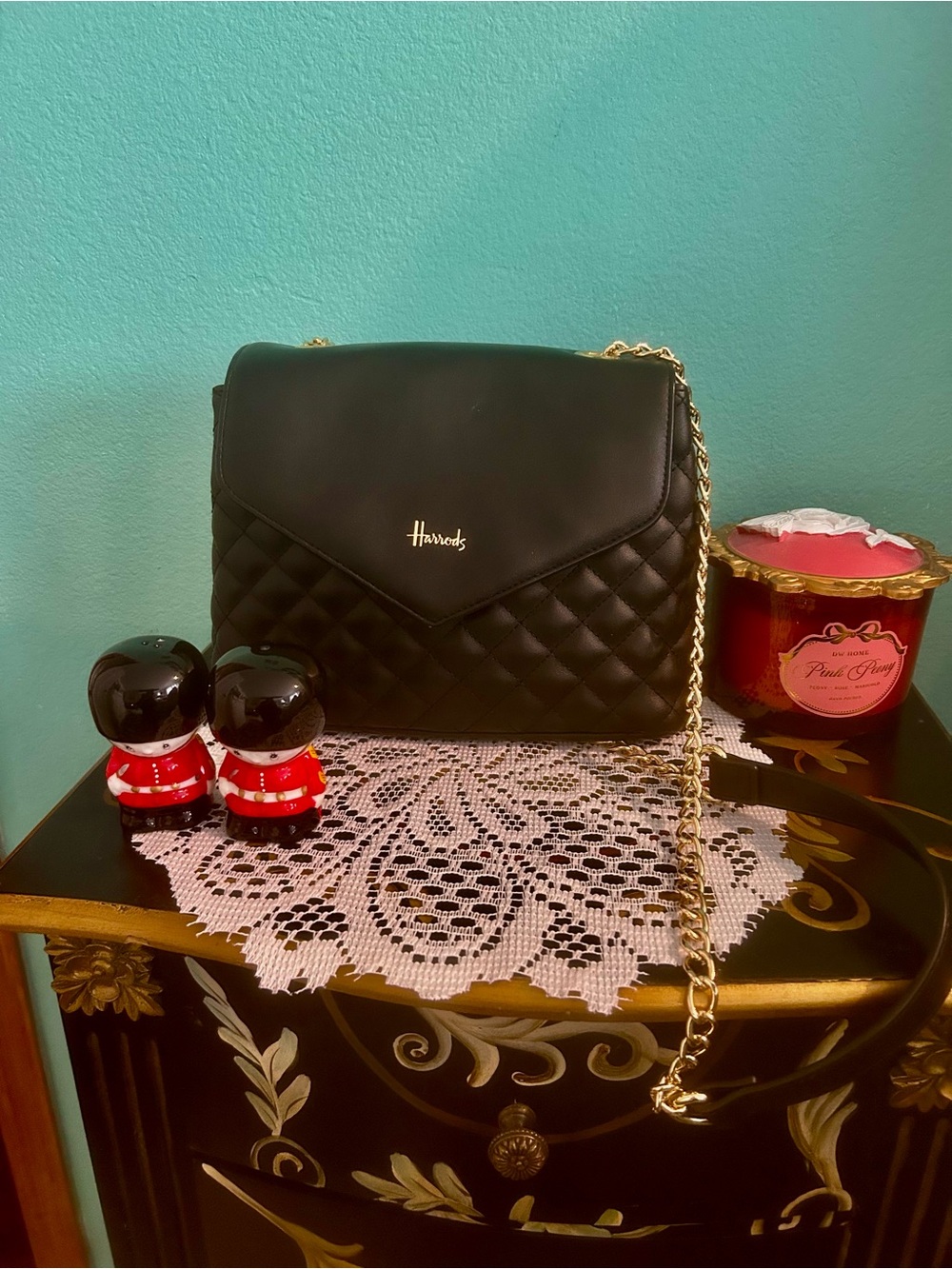 Harrods Chelsea Black Quilted Crossbody with Gold Chain. Measurements pictures.